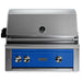 Stono Outdoor Living The Lynx 30" Built-In Grill w/ Rotisserie in Pacific Blue (L30R-3-PBNG) features a stainless steel build, blue front panel, three control knobs, ceramic burners, and a large hood with built-in thermometer.