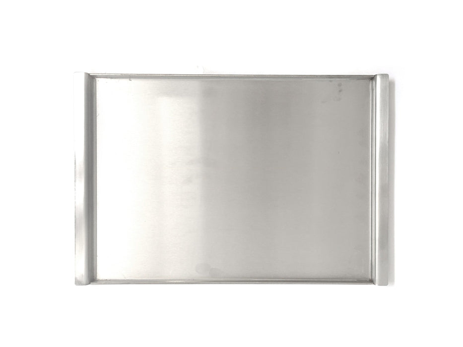 Stono Outdoor Living The Tagwood BBQ Interchangeable Griddle for BBQ01SS (BBQ57-01SS) is a rectangular stainless steel baking sheet with raised short-side edges, ideal for grilling shrimp. Shown on a white background.