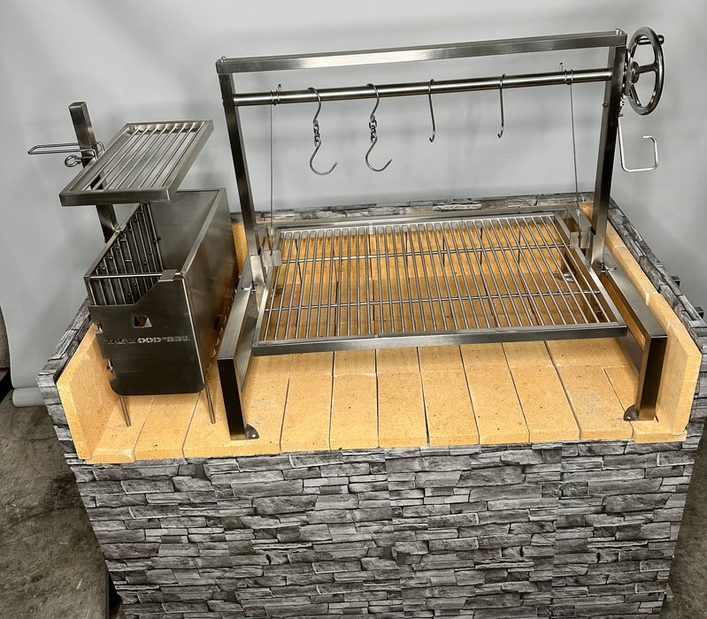 Stono Outdoor Living The Tagwood BBQ Height Adjustable Secondary Grate for BBQ09SS Grill (BBQ96SS) features durable 304 stainless steel, a metal grate, hanging hooks, vertical height adjustment wheel, and a left-side firebox with a small grill shelf.