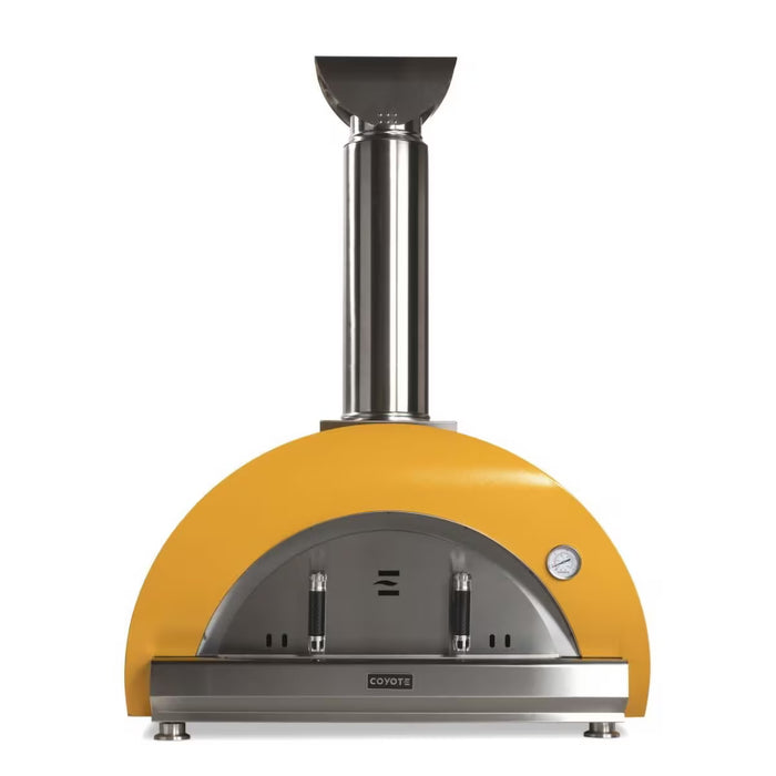 Stono Outdoor Living The Coyote 40" Duomo Wood Fired Outdoor Oven (C1PZ40WY) is a modern yellow outdoor oven with a ceramic dome, tall silver chimney, two front handles, built-in thermometer, and the Coyote brand at the base.