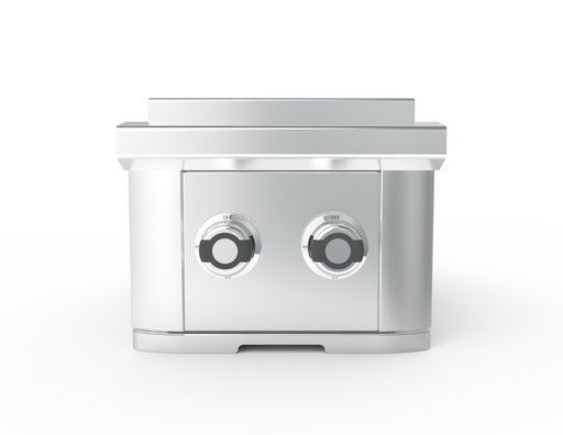 Stono Outdoor Living The Wildfire Outdoor Living Ranch Pro Double Side Burner 304 SS Natural Gas (WFDBLSBRN-SS-NG) features two front round control knobs and a sleek stainless steel design, making it perfect for any modern outdoor kitchen. Set against a plain white background.