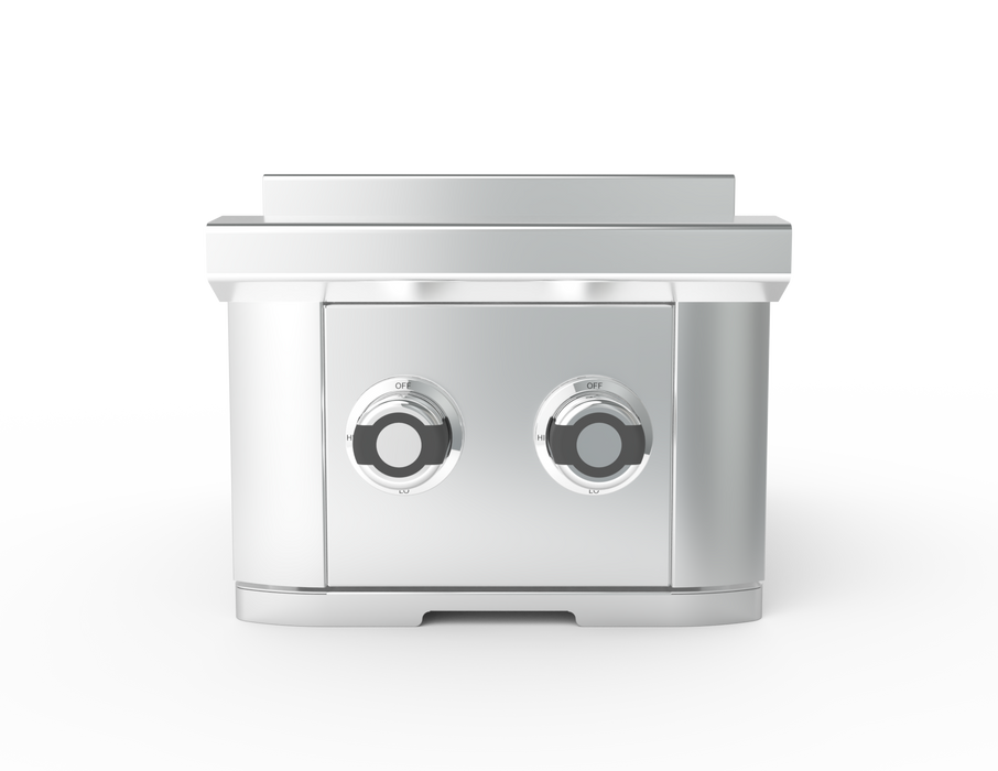 Stono Outdoor Living The Wildfire Outdoor Living Ranch Pro Double Side Burner 304 SS Natural Gas (WFDBLSBRN-SS-NG) features two front round control knobs and a sleek stainless steel design, making it perfect for any modern outdoor kitchen. Set against a plain white background.