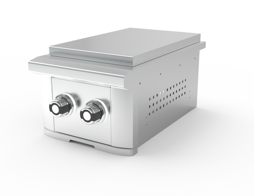Stono Outdoor Living The Wildfire Outdoor Living Ranch Pro Double Side Burner 304 SS Propane (WFDBLSBRN-SS-LP) features two front control knobs, a vented side panel, and a stainless steel countertop design—ideal for outdoor kitchens and shown on a plain white background.