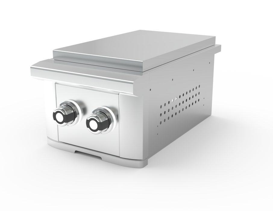 Stono Outdoor Living The Wildfire Outdoor Living Ranch Pro Double Side Burner 304 SS Natural Gas (WFDBLSBRN-SS-NG) features two black-and-silver front control knobs and side vent holes, ideal for outdoor kitchens, shown against a plain white background.