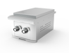 Stono Outdoor Living The Wildfire Outdoor Living Ranch Pro Double Side Burner 304 SS Natural Gas (WFDBLSBRN-SS-NG) features two black-and-silver front control knobs and side vent holes, ideal for outdoor kitchens, shown against a plain white background.