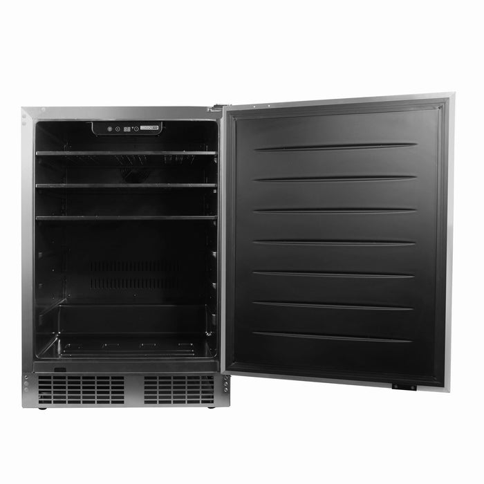 Stono Outdoor Living The Lynx Sedona 24" Refrigerator (S24REF) by Lynx is shown with its stainless steel door open, revealing three empty shelves and a bottom vent, set against a plain white background.