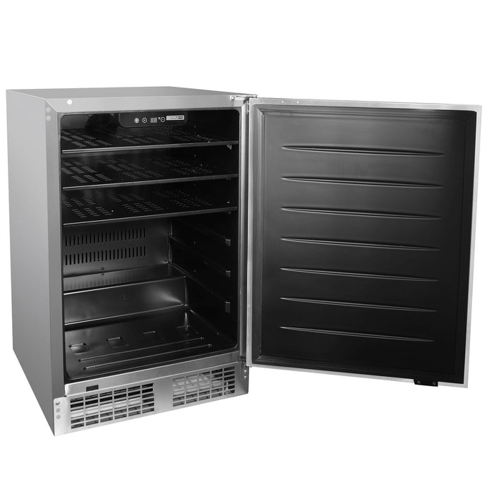 Stono Outdoor Living A Lynx Sedona 24" Refrigerator (S24REF) by Lynx, shown with its stainless steel door open to display empty black shelves inside and a vented bottom front panel.
