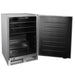 Stono Outdoor Living A Lynx Sedona 24" Refrigerator (S24REF) by Lynx, shown with its stainless steel door open to display empty black shelves inside and a vented bottom front panel.