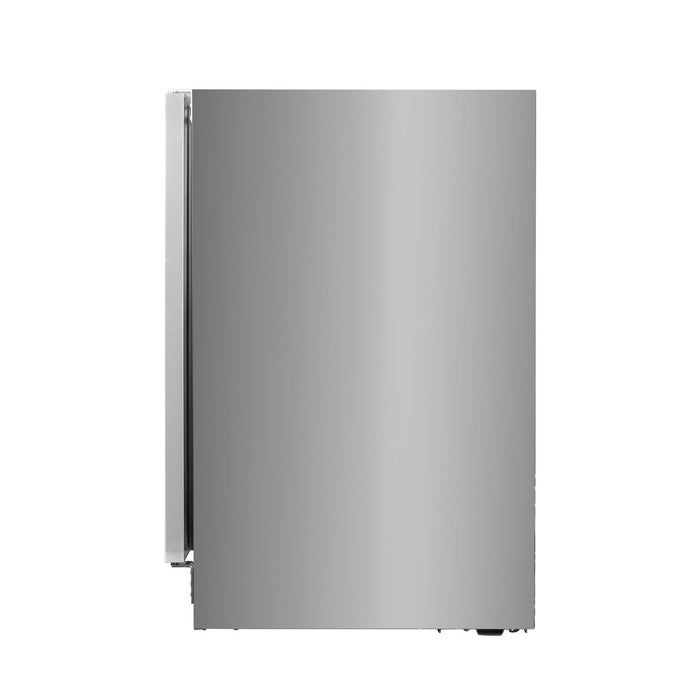 Stono Outdoor Living A side view of the Lynx Sedona 24" Refrigerator (S24REF) by Lynx, featuring a sleek stainless steel finish and silver handle, shown isolated on a white background.
