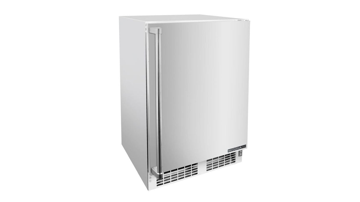 Stono Outdoor Living The Lynx Sedona 24" Refrigerator - S24REF features a stainless steel undercounter design with a solid door, left-side handle, and bottom front ventilation, making it a sleek, modern addition to outdoor spaces.