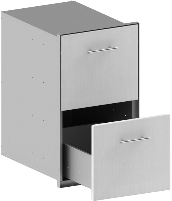 Stono Outdoor Living The Stono Outdoor Living Side Component is a gray metal drawer unit with a modern design, featuring two drawers with horizontal handles—the top drawer is closed and the bottom one is open.