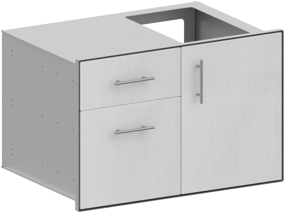 Stono Outdoor Living The Stono Outdoor Living Grill Access Door is a white, rectangular unit with two left drawers and a right double-door compartment, all with modern metal handles. The countertop includes a cutout.