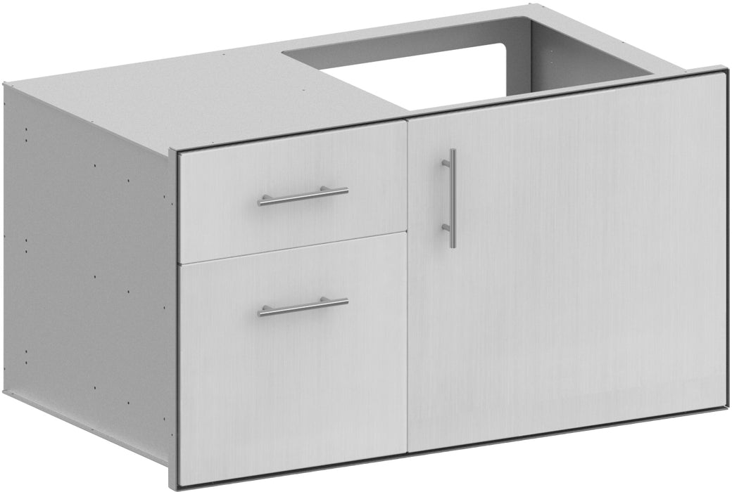 Stono Outdoor Living The Stono Outdoor Living Grill Access Door features a white finish, two left-side drawers, a right-hand door with modern silver handles, and a top open section for sink installation.