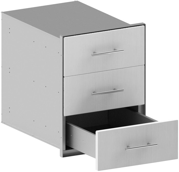 Stono Outdoor Living The Stono Outdoor Living Side Component is a metal three-drawer cabinet with the bottom drawer open and the top two closed, featuring sleek handles and a modern design.