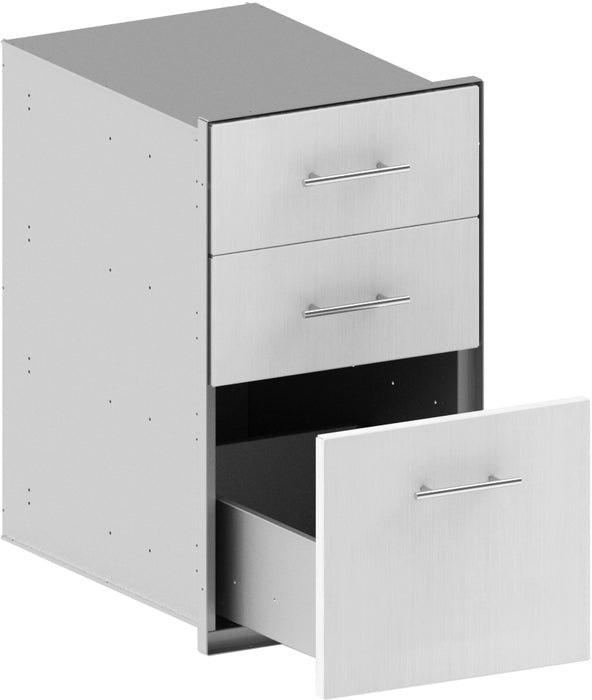 Stono Outdoor Living The Stono Outdoor Living Side Component is a gray metal cabinet with three drawers—two closed at the top and one open below, revealing an empty interior. Each drawer features a simple horizontal handle.