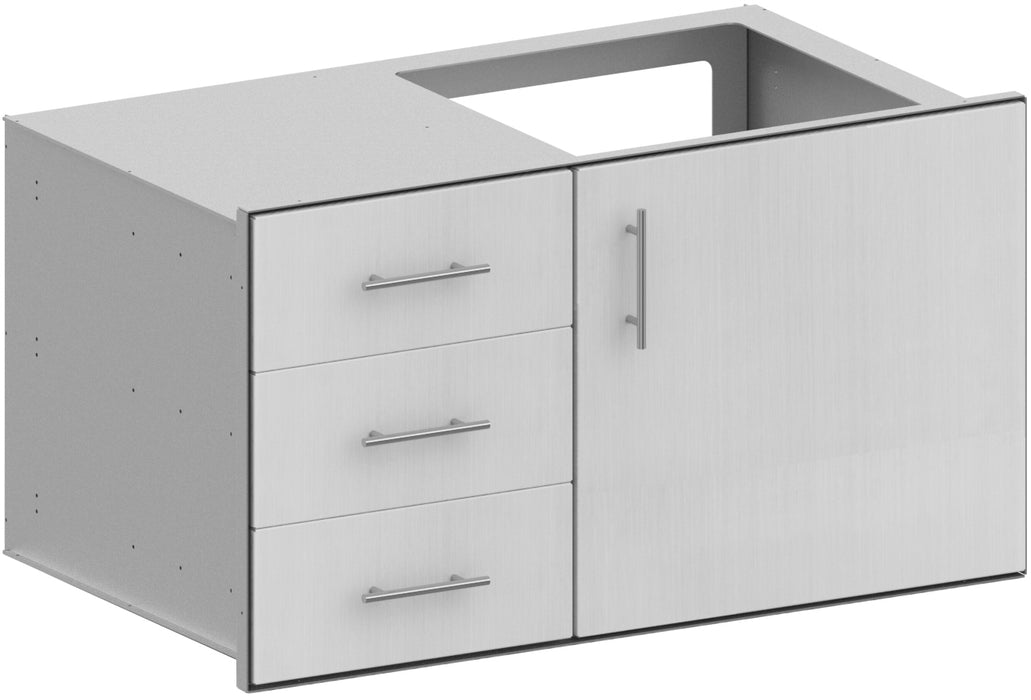 Stono Outdoor Living The Stono Outdoor Living Grill Access Door is a light-colored cabinet with three left drawers featuring horizontal handles, a right-side door with a vertical handle, and an open cutout on top.