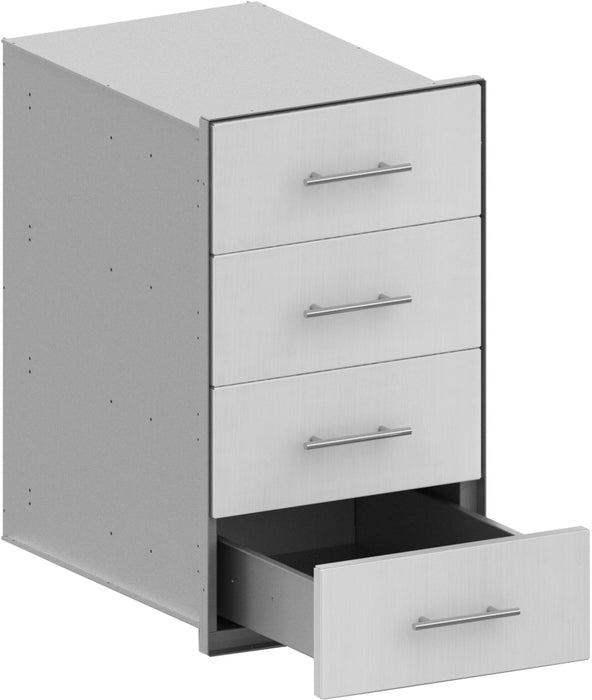 Stono Outdoor Living The Stono Outdoor Living Side Component is a light gray metal cabinet with four drawers—three closed, and one open bottom drawer showing an empty interior. Silver handles complete its sleek design.