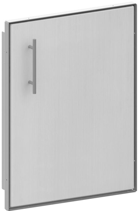 Stono Outdoor Living The Stono Outdoor Living Side Component is a metal cabinet door with a brushed stainless steel finish and a vertical handle on the left, displayed at an angle against a plain white background.