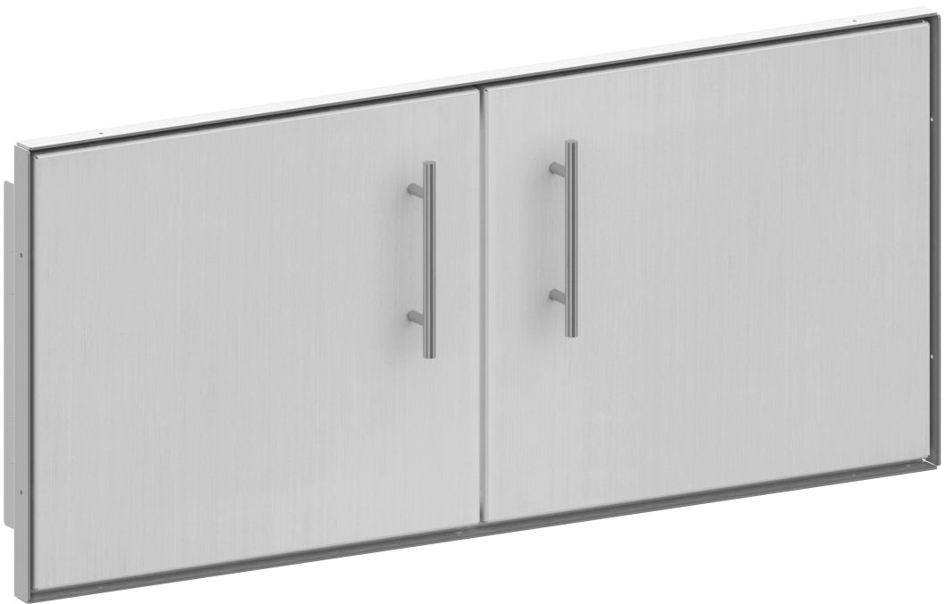 Stono Outdoor Living The Stono Outdoor Living Grill Access Door features stainless steel double cabinet doors with vertical handles in a rectangular frame, shown from an angled perspective.