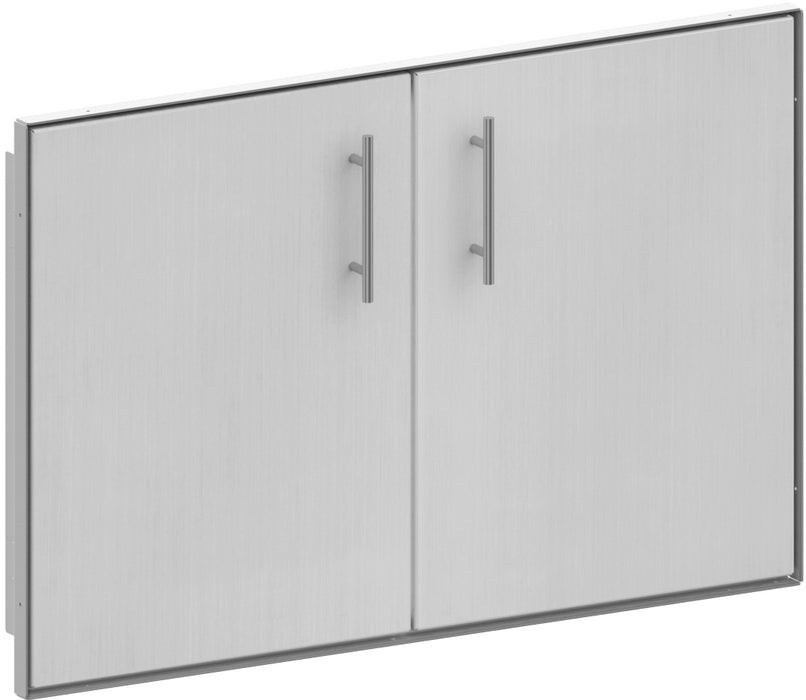 Stono Outdoor Living The Stono Outdoor Living Grill Access Door features sleek, silver-colored metal doors with vertical handles in a rectangular frame, offering a modern design ideal for kitchen or utility areas.