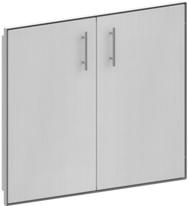 Stono Outdoor Living The Stono Outdoor Living Grill Access Door is a brushed silver metal double-door wall cabinet with two vertical handles, shown from a slight angle.