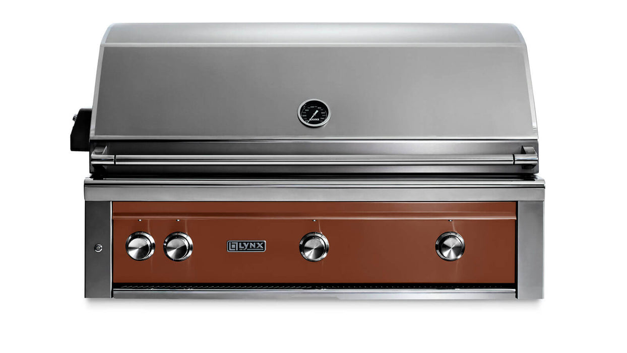 Stono Outdoor Living The Lynx 42" Built-In Grill w/ Rotisserie in Sierra (L42R-3-SING) features a stainless steel body, closed lid, brown control panel, four silver knobs, and the Lynx logo—offering professional-grade outdoor cooking performance.