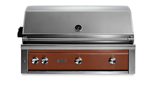 Stono Outdoor Living The Lynx 42" Built-In Grill w/ Rotisserie in Sierra (L42R-3-SING) features a stainless steel body, closed lid, brown control panel, four silver knobs, and the Lynx logo—offering professional-grade outdoor cooking performance.
