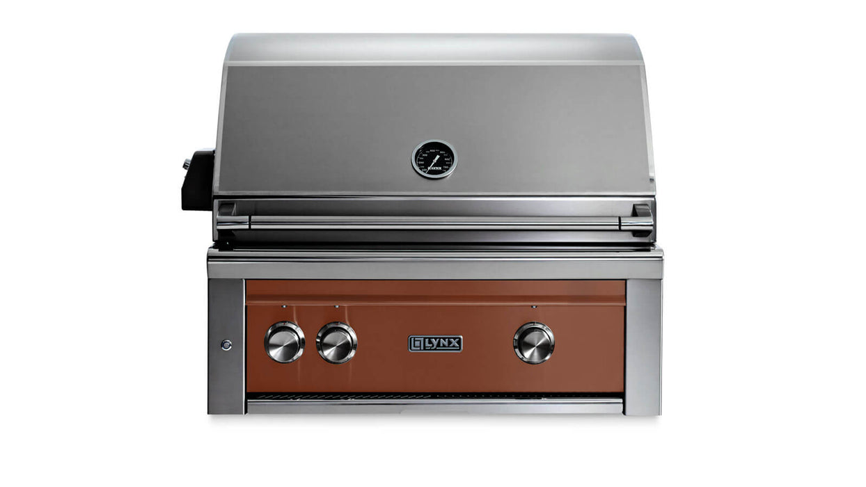 Stono Outdoor Living The Lynx 30" Built-In Grill - 1 Trident™ w/ Rotisserie in Sierra (L30TR-SING) features a brown front, three knobs, lid thermometer, infrared burner, and Lynx logo below the controls, all set against a white background.