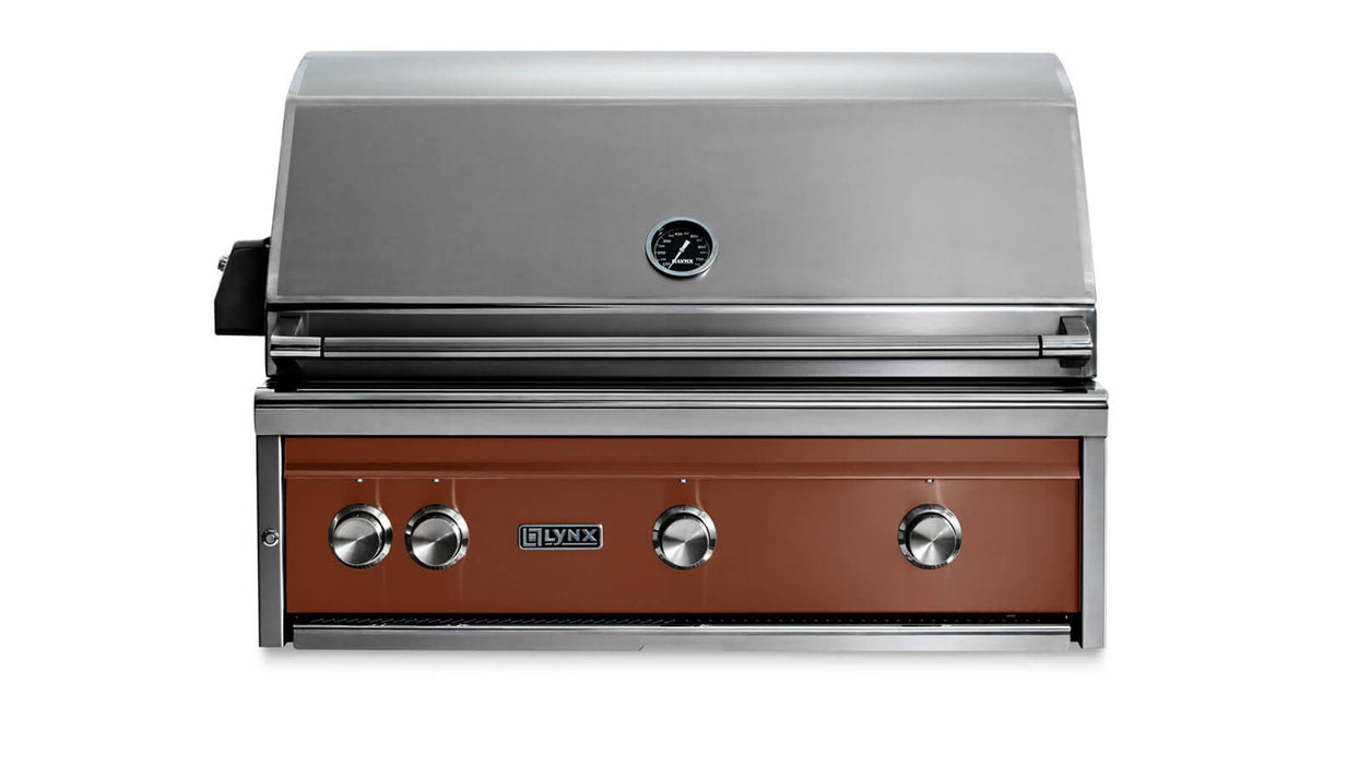 Stono Outdoor Living The Lynx 36" Built-In Grill w/ Rotisserie in Sierra (L36R-3-SING) features ceramic burners, a built-in thermometer, and four control knobs—a premium Lynx grill perfect for any outdoor kitchen.