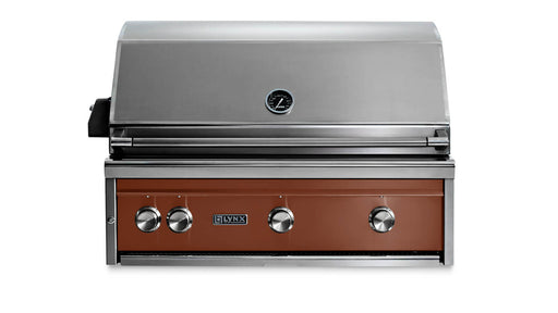 Stono Outdoor Living The Lynx 36" Built-In Grill w/ Rotisserie in Sierra (L36R-3-SING) features ceramic burners, a built-in thermometer, and four control knobs—a premium Lynx grill perfect for any outdoor kitchen.