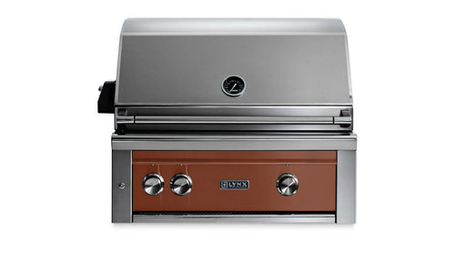 Stono Outdoor Living The Lynx 30" Built-In Grill - 1 Trident™ w/ Rotisserie in Sierra (L30TR-SING) features a brown front, three knobs, lid thermometer, infrared burner, and Lynx logo below the controls, all set against a white background.