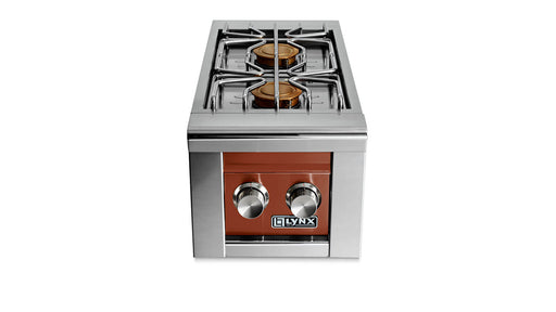 Stono Outdoor Living The Lynx Built-in Double Side Burners in Sierra (LSB2-2-SING) feature two stainless steel burners, a brown control panel with two silver knobs and the Lynx logo—ideal for outdoor use with built-in grills. Shown on a white background.