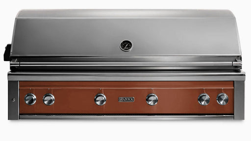 Stono Outdoor Living The Lynx 54" Built-In Grill - 1 Trident™ w/ Rotisserie in Sierra features five control knobs, infrared searing, built-in lid temperature gauge, the Lynx logo on the front panel, and premium stainless steel and copper construction.