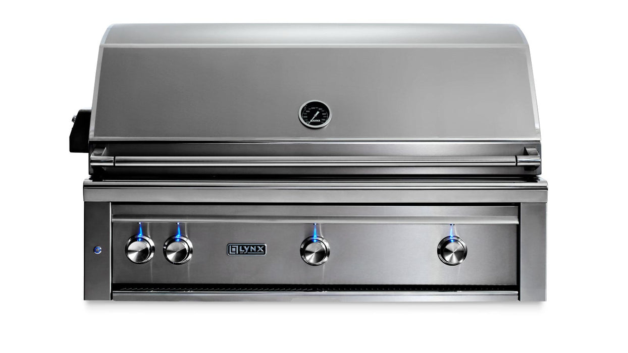 Stono Outdoor Living The Lynx 42" Built-In Grill w/ Rotisserie (L42R-3-NG) features stainless steel construction, four control knobs, a closed lid, built-in temperature gauge, and the Lynx logo below the knobs for premium outdoor cooking.