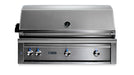 Stono Outdoor Living The Lynx 42" Built-In Grill w/ Rotisserie (L42R-3-NG) features stainless steel construction, four control knobs, a closed lid, built-in temperature gauge, and the Lynx logo below the knobs for premium outdoor cooking.