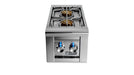 Stono Outdoor Living The Lynx Built-in Double Side Burners in stainless steel (LSB2-2-NG) features metal grates, blue-lit control knobs, and a front Lynx logo—ideal for built-in grills and shown against a white background.