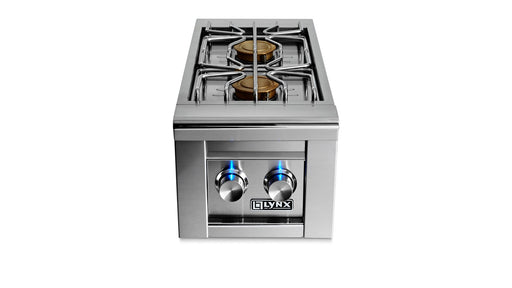 Stono Outdoor Living The Lynx Built-in Double Side Burners in stainless steel (LSB2-2-NG) features metal grates, blue-lit control knobs, and a front Lynx logo—ideal for built-in grills and shown against a white background.