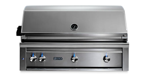 Stono Outdoor Living The Lynx 42" Built-In Grill w/ Rotisserie (L42R-3-NG) features stainless steel construction, four control knobs, a closed lid, built-in temperature gauge, and the Lynx logo below the knobs for premium outdoor cooking.
