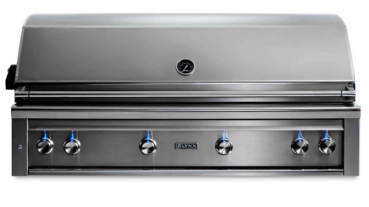 Stono Outdoor Living The Lynx 54" Built-In Grill (L54TR-NG) is a stainless steel luxury grill with six blue-lit knobs, a Trident™ infrared searing burner, rotisserie, closed lid with temperature gauge, and the Lynx logo on front.