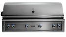 Stono Outdoor Living The Lynx 54" Built-In Grill (L54TR-NG) is a stainless steel luxury grill with six blue-lit knobs, a Trident™ infrared searing burner, rotisserie, closed lid with temperature gauge, and the Lynx logo on front.