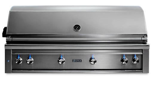 Stono Outdoor Living The Lynx 54" Built-In Grill (L54TR-NG) is a stainless steel luxury grill with six blue-lit knobs, a Trident™ infrared searing burner, rotisserie, closed lid with temperature gauge, and the Lynx logo on front.