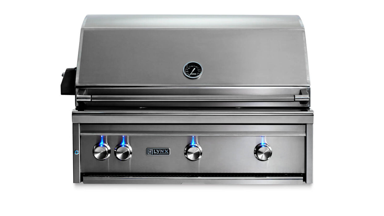 Stono Outdoor Living The Lynx 36" Built-In Grill w/ Rotisserie in stainless steel (L36R-3-NG) features four control knobs with blue LED lights, ceramic burners, and a built-in lid thermometer, shown against a white background.