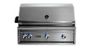 Stono Outdoor Living The Lynx 36" Built-In Grill w/ Rotisserie in stainless steel (L36R-3-NG) features four control knobs with blue LED lights, ceramic burners, and a built-in lid thermometer, shown against a white background.