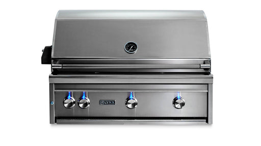 Stono Outdoor Living The Lynx 36" Built-In Grill w/ Rotisserie in stainless steel (L36R-3-NG) features four control knobs with blue LED lights, ceramic burners, and a built-in lid thermometer, shown against a white background.