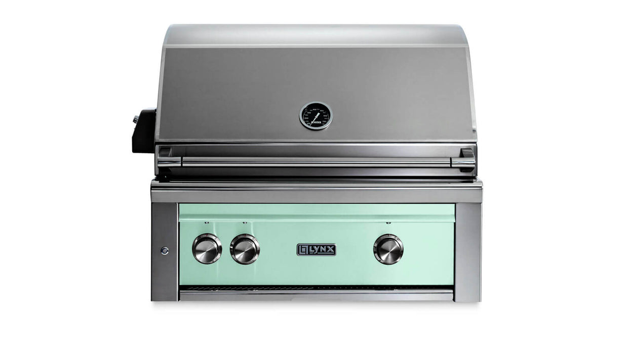 Stono Outdoor Living The Lynx 30" Built-In Grill (L30TR-SUNG) in Surf features a mint green front, three knobs, built-in thermometer, infrared Trident™ burner, and rotisserie—shown on a white background with the Lynx logo.