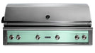 Stono Outdoor Living The Lynx 54" Built-In Grill (L54TR-SUNG) features stainless steel, a closed lid, five control knobs, infrared Trident™ burner, rotisserie, temperature gauge, and a light green Surf front panel—an ideal luxury grill for any outdoor kitchen.