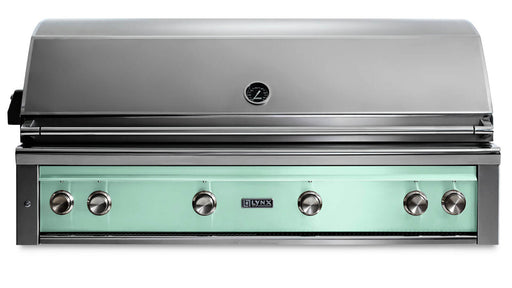 Stono Outdoor Living The Lynx 54" Built-In Grill (L54TR-SUNG) features stainless steel, a closed lid, five control knobs, infrared Trident™ burner, rotisserie, temperature gauge, and a light green Surf front panel—an ideal luxury grill for any outdoor kitchen.