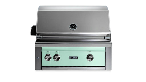 Stono Outdoor Living The Lynx 30" Built-In Grill (L30TR-SUNG) in Surf features a mint green front, three knobs, built-in thermometer, infrared Trident™ burner, and rotisserie—shown on a white background with the Lynx logo.