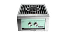 Stono Outdoor Living The Lynx Power Burner in Surf (LPB-SUNG) features a mint green front, high-BTU burner, two control knobs, and circular grate—ideal for outdoor kitchens. The Lynx brand is displayed on the lower right corner.