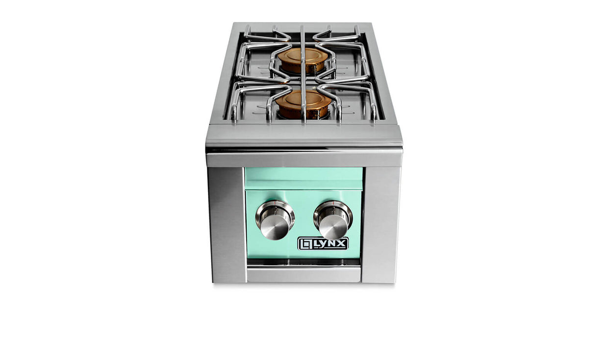 Stono Outdoor Living Front view of the Lynx Built-in Double Side Burners in Surf (LSB2-2-SUNG), featuring two control knobs and the Lynx logo on the front—perfect for outdoor kitchens.